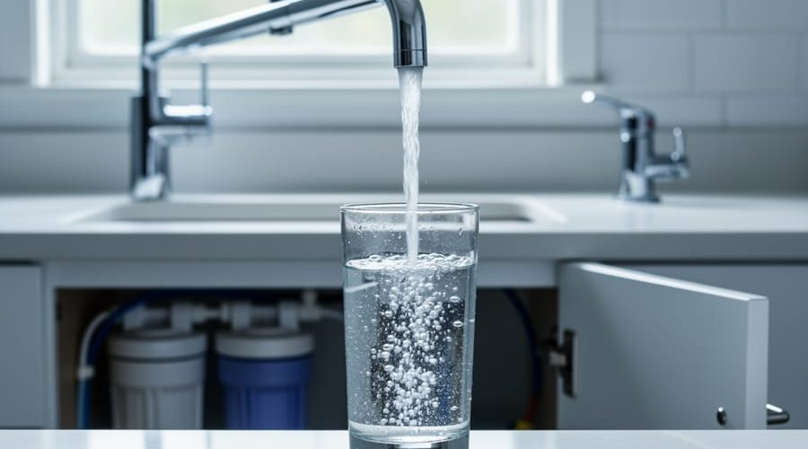 Close-up of a glass being filled at a kitchen faucet, with a separate reverse osmosis spigot and blurred under-sink filter canisters in the background under soft daylight.