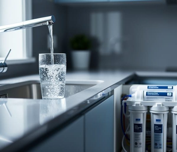 Clear glass filling from a chrome filter faucet with under-sink cabinet ajar showing multi-stage reverse osmosis and ultrafiltration cartridges in a modern kitchen, soft daylight and blurred background.