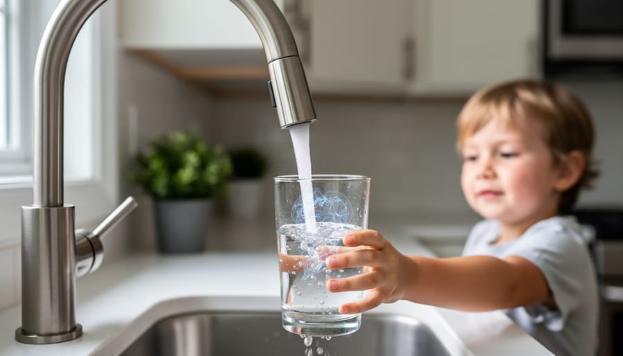 Clear tap water being poured from kitchen faucet into drinking glass