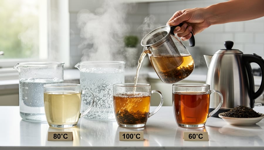 Close-up of water boiling in transparent electric kettle with visible steam bubbles