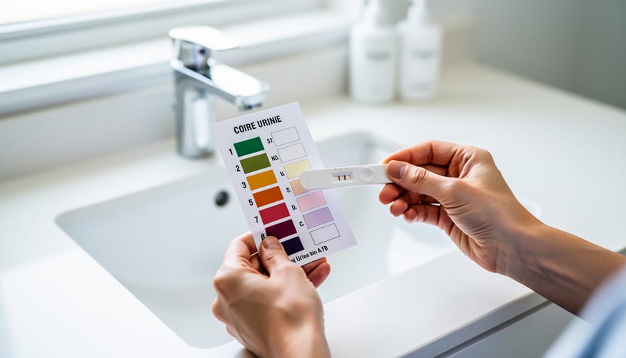 Hands comparing aquarium test strip colors to reference chart in natural lighting