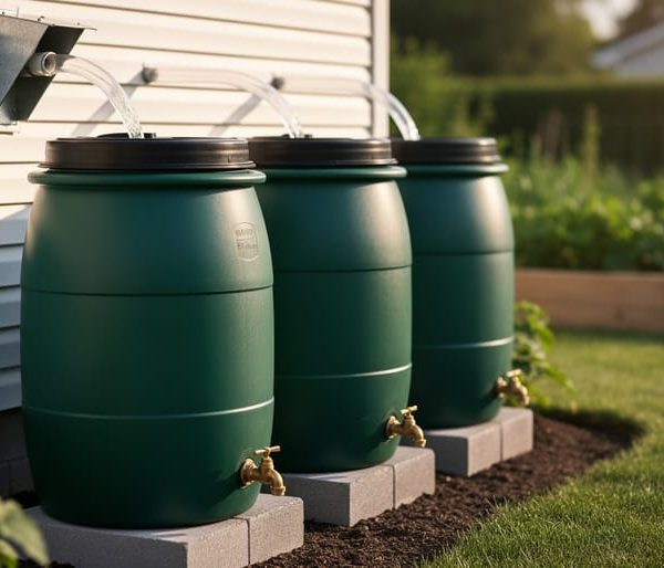 Eye-level view of three deep-green 55-gallon rain barrels connected in series with clear vinyl overflow hoses near the tops, the first fed by a downspout diverter, each with a brass spigot near the base, elevated on cinder block platforms at stepped heights, with screened inlets, garden beds and house siding softly blurred in the background under warm evening light.