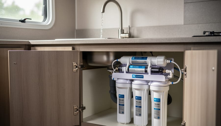 Compact under-sink water filtration system installed in mobile home kitchen cabinet