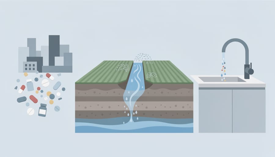 Medication pills and chemical residues on water surface representing water contamination sources