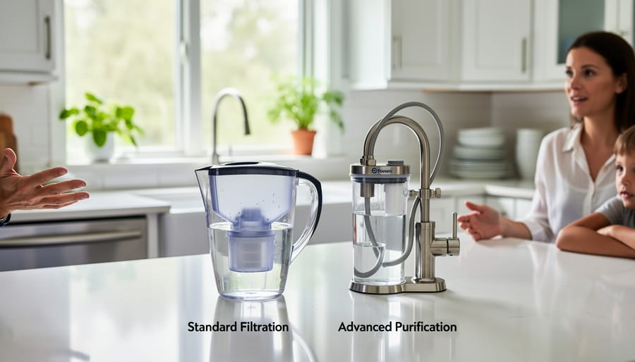 Close-up of clear water droplets on human hand showing water purity