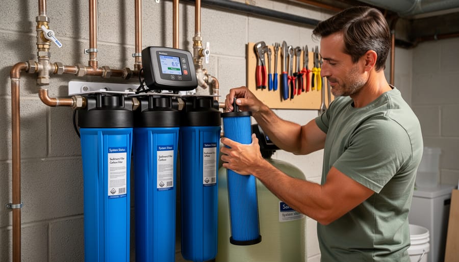 Homeowner replacing dirty sediment water filter cartridge with new clean filter