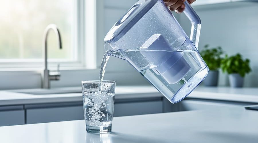 Clear water filter pitcher pouring into a glass on a modern kitchen countertop, with faucet and potted herbs softly blurred in the background.