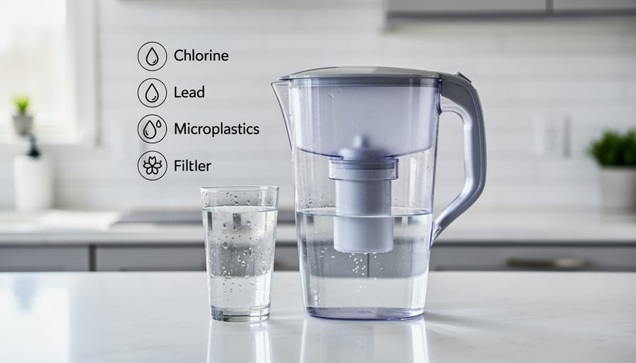 Water filter pitcher pouring filtered water into clear drinking glass on kitchen counter