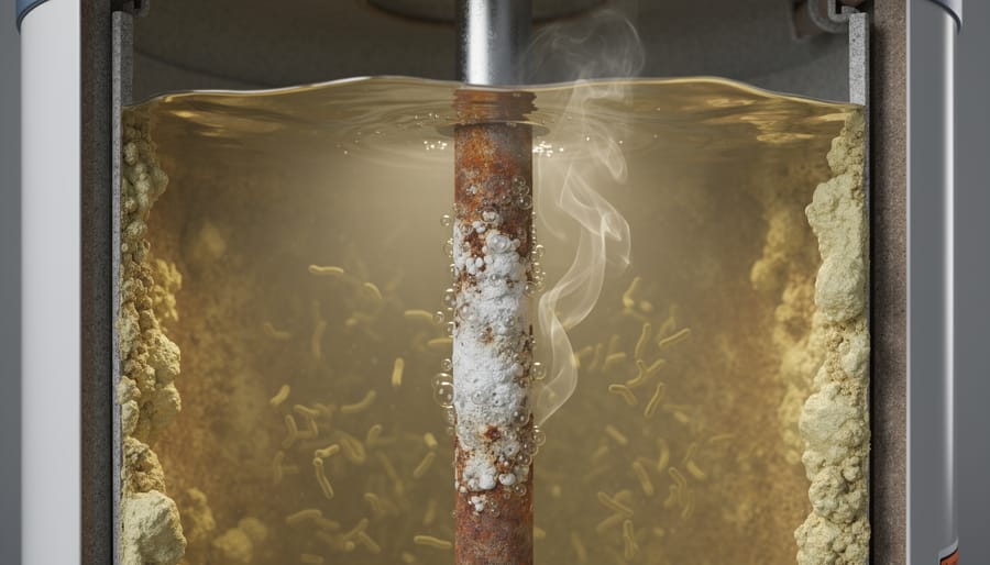 Close-up of corroded magnesium anode rod inside residential water heater tank
