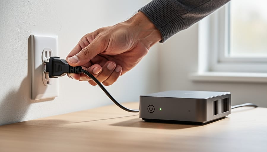 Homeowner unplugging power adapter from water softener to reset the system