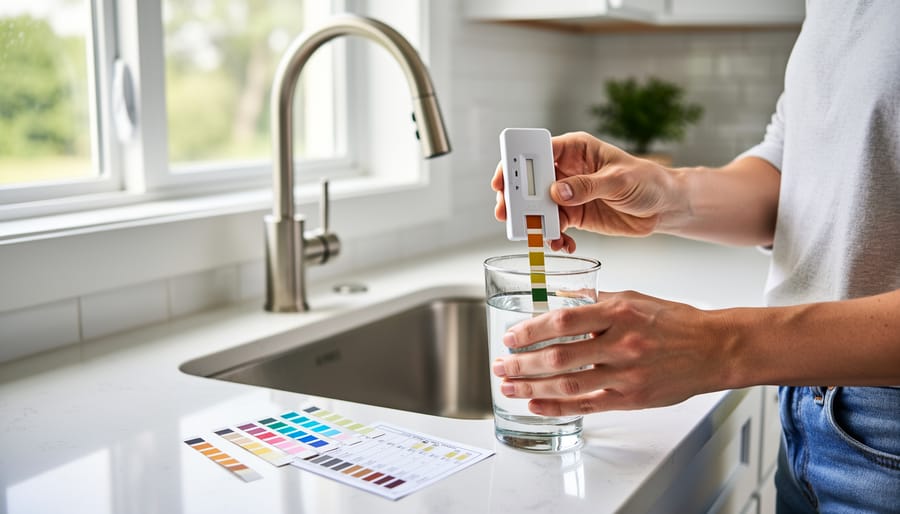 Person holding water testing kit with sample vial and test strips in kitchen setting