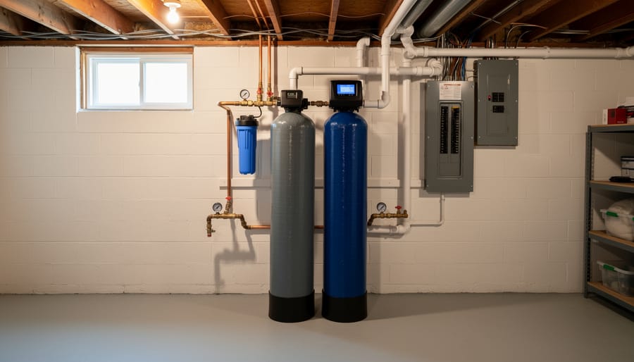 Blue water treatment filtration tank with control valve installed in residential basement