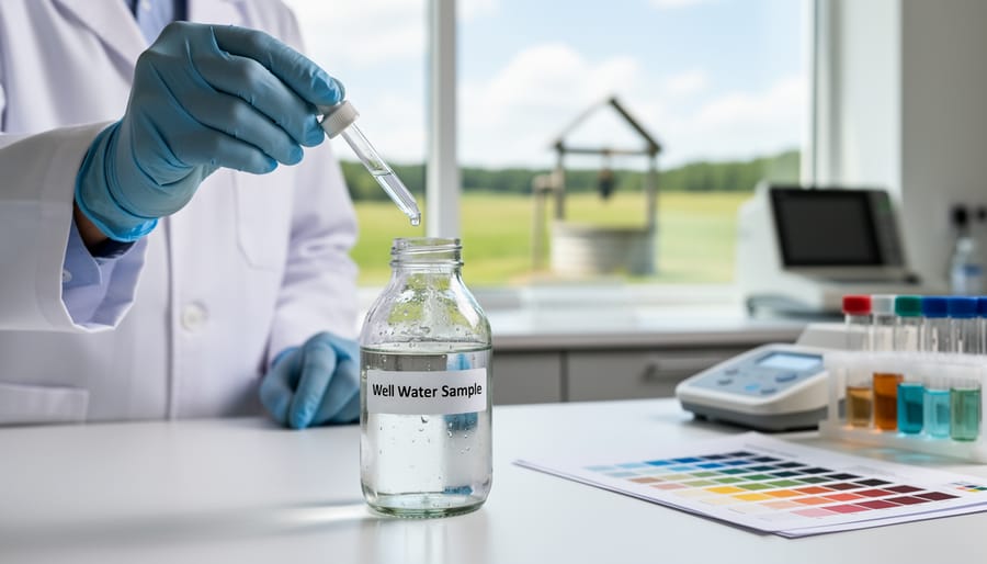 Laboratory technician holding water sample vial for well water testing