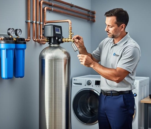 Technician examining a stainless steel whole-house water filtration system with twin blue prefilter housings in a bright home utility room, with a water test kit on a nearby bench and laundry machines in the background