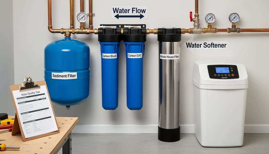 Multi-stage residential water filtration system with blue filter housings mounted on wall