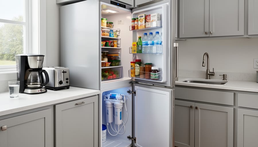 Kitchen counter cluttered with multiple water filter pitchers and plastic water bottles showing space constraints