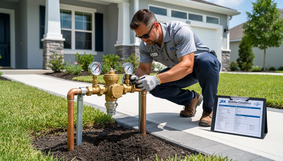 Backflow prevention device mounted on exterior brick wall of residential home