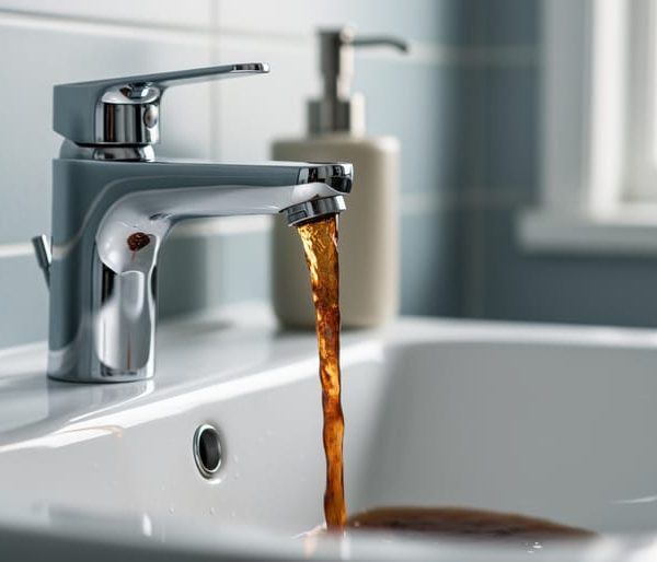 Close-up of a chrome bathroom faucet pouring brown discolored water into a clean white porcelain sink, with blurred tiles and a soap dispenser in the background.