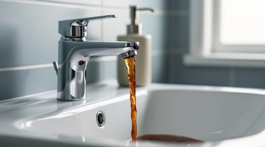 Close-up of a chrome bathroom faucet pouring brown discolored water into a clean white porcelain sink, with blurred tiles and a soap dispenser in the background.
