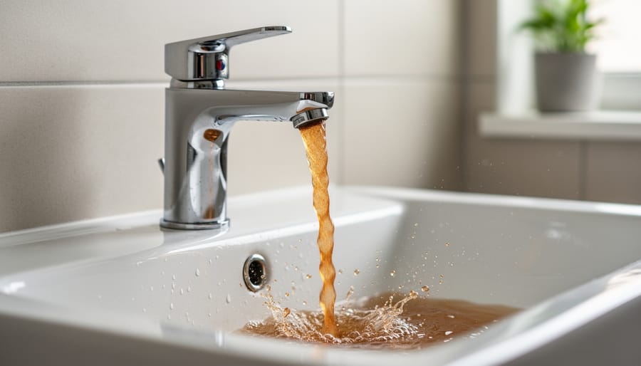 Brown discolored water flowing from chrome bathroom faucet into white sink
