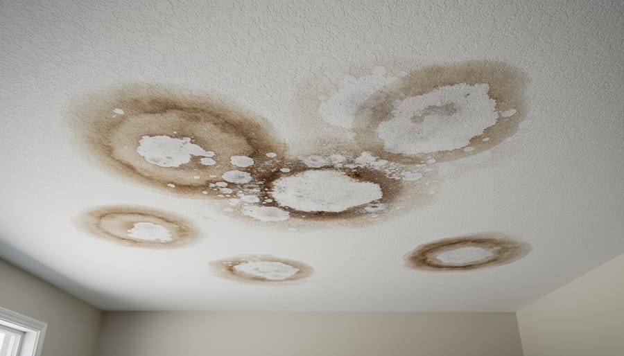 Ceiling water stain showing brown discoloration and white mineral deposits