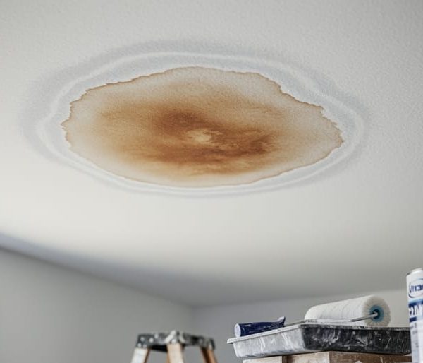 Low-angle close-up of a white ceiling showing a brown water stain with a subtle white mineral ring, with a blurred step ladder, paint roller, and unbranded primer can in the background under soft natural daylight.