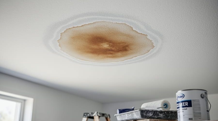 Low-angle close-up of a white ceiling showing a brown water stain with a subtle white mineral ring, with a blurred step ladder, paint roller, and unbranded primer can in the background under soft natural daylight.