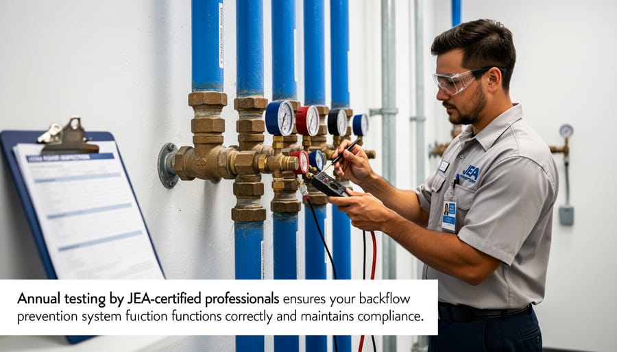 Licensed plumber testing backflow prevention device with pressure gauge