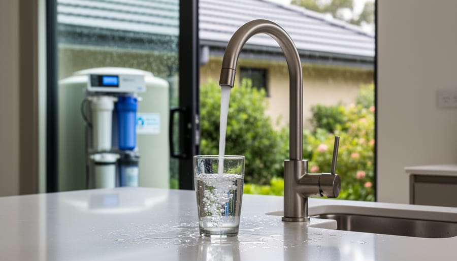 Person filling glass with clear drinking water from kitchen faucet with sunlight highlighting water clarity