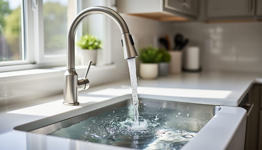 Glass being filled with clear filtered water from kitchen faucet