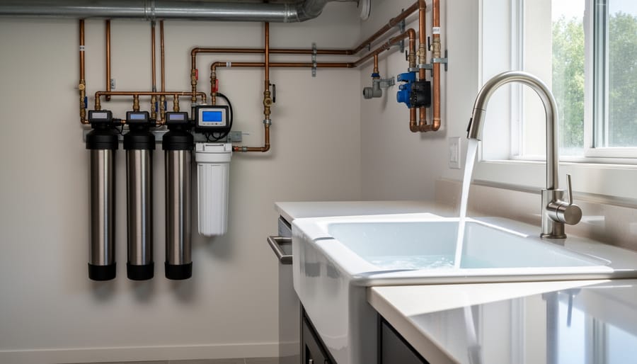 Glass being filled with clean softened water from kitchen faucet