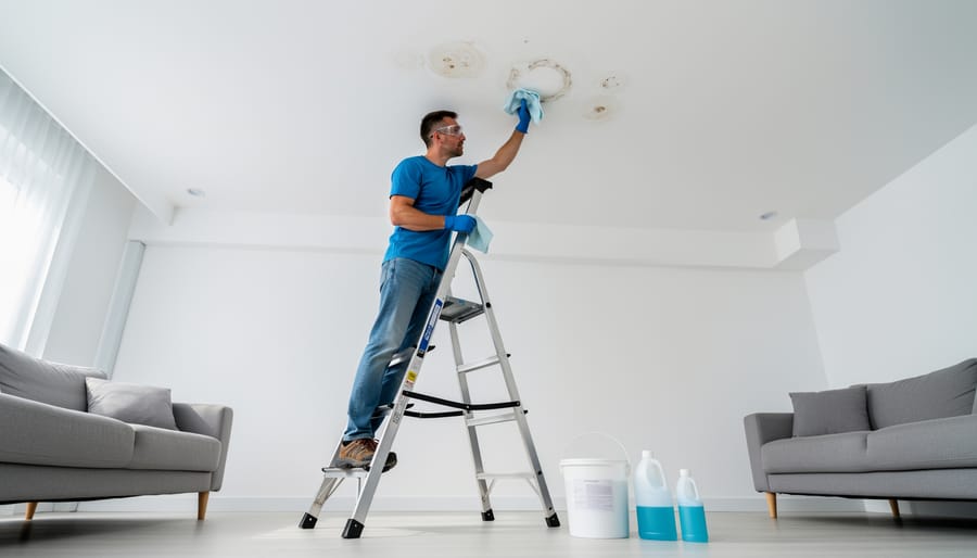 Person wearing gloves cleaning ceiling water stain with spray bottle and cloth