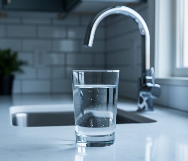 Clear glass of tap water on a modern kitchen counter beneath a chrome faucet, lit by soft window light with the sink, backsplash, and a small plant softly blurred in the background.