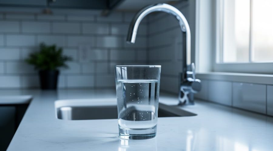 Clear glass of tap water on a modern kitchen counter beneath a chrome faucet, lit by soft window light with the sink, backsplash, and a small plant softly blurred in the background.
