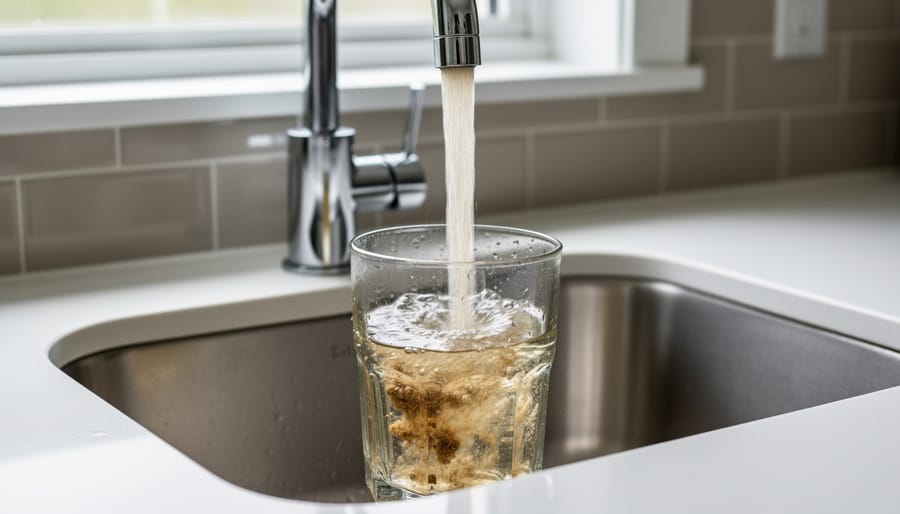 Discolored contaminated water flowing from kitchen faucet into sink
