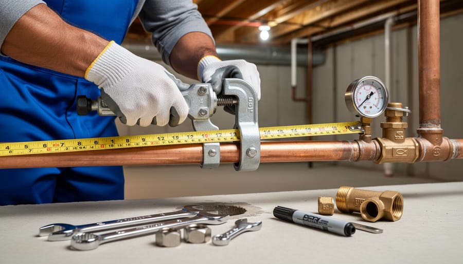 Homeowner using pipe cutter on copper water supply line during installation