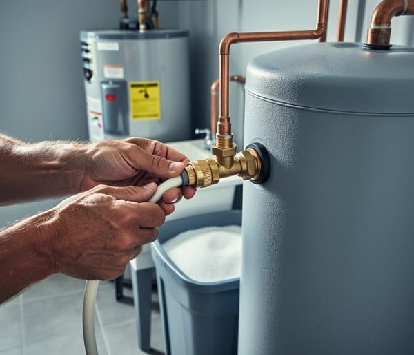 Close-up of homeowner hands attaching PEX tubing to a water softener bypass valve on a resin tank next to a brine tank in a home utility room, with the water heater and utility sink softly blurred in the background.