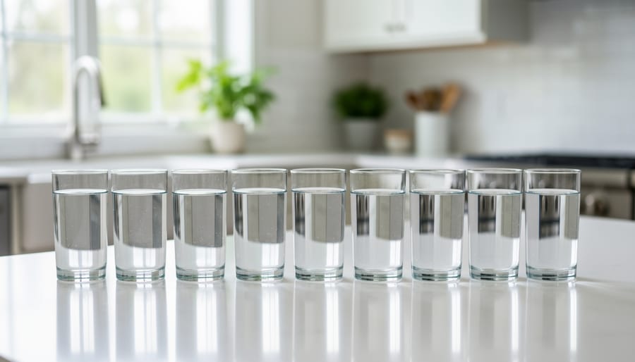 Eight clear glass cups filled with water arranged on kitchen counter