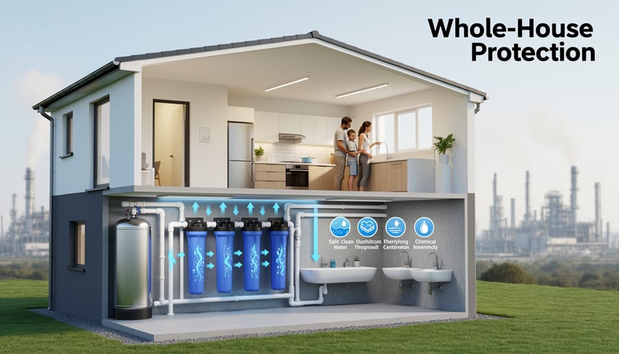 Whole-house water filtration system with multiple filter stages mounted on wall