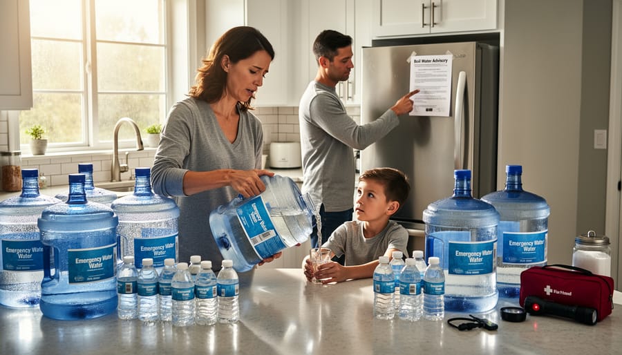 Home emergency water storage with bottled water and containers on organized shelving