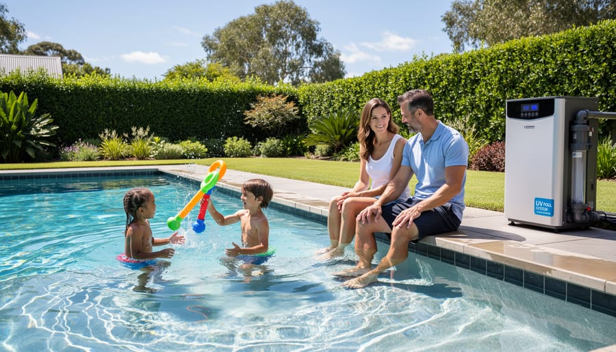 Happy family swimming together in clear blue pool water without chemical irritation
