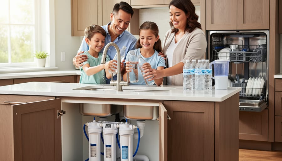Family filling reusable water bottles from kitchen faucet with filtered water