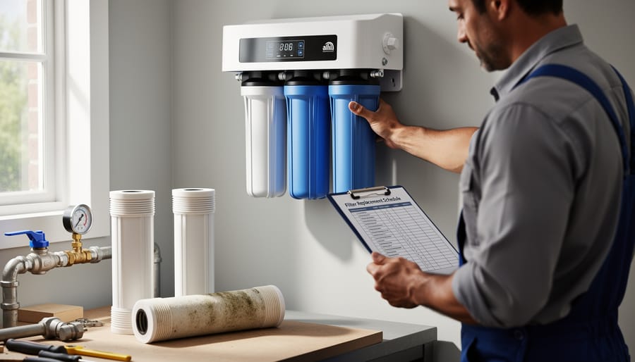 Hands replacing water filter cartridge in whole-house filtration system