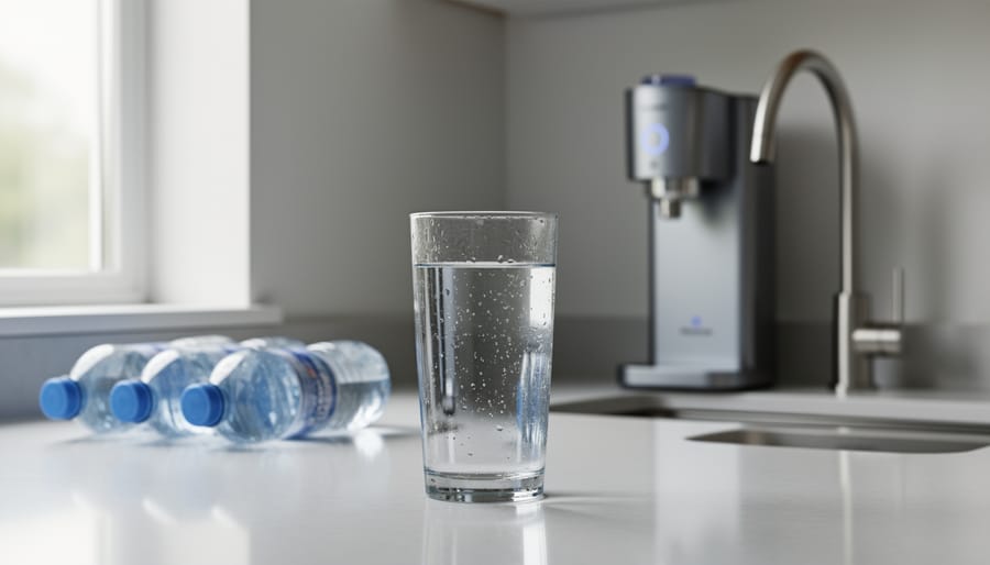 Person filling reusable glass bottle with tap water from kitchen faucet