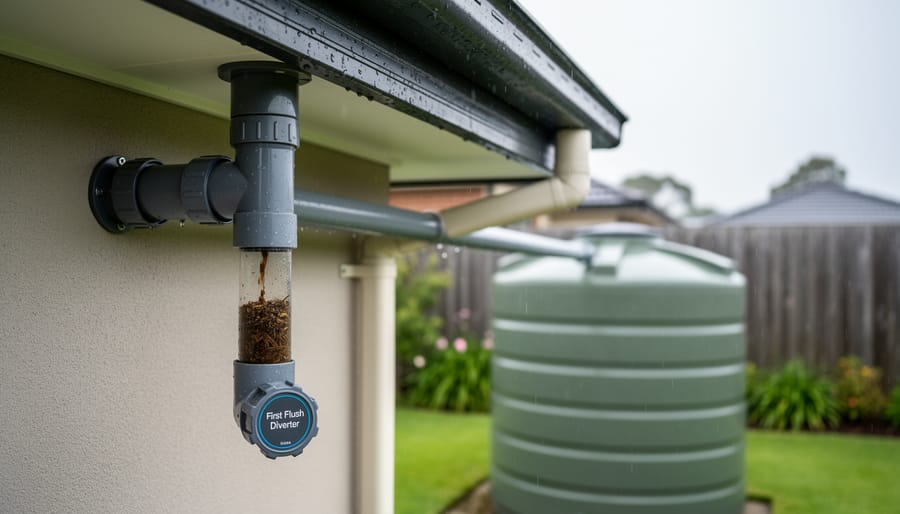 First flush diverter device attached to rainwater downspout showing water separation chamber