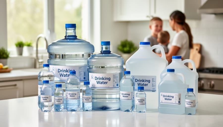 Multiple blue food-grade water storage containers of different sizes arranged on garage floor