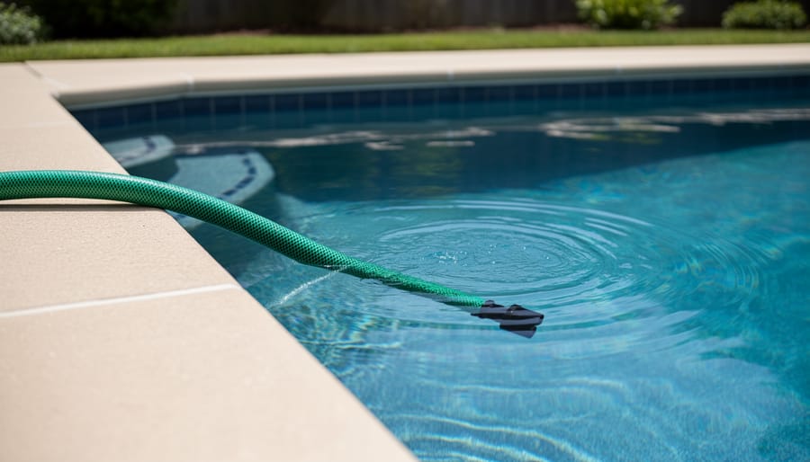 Garden hose end submerged in swimming pool water showing backflow risk