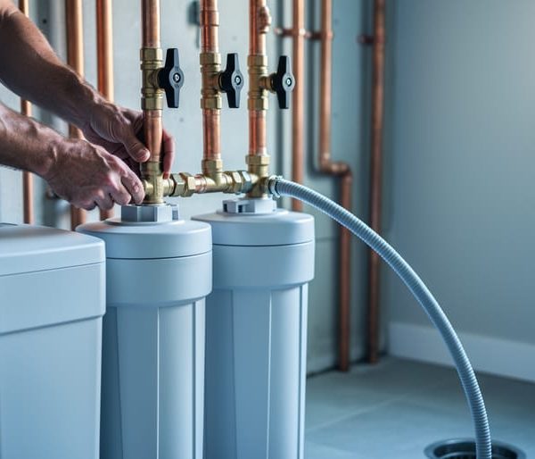 Homeowner’s hands connecting copper pipes and a bypass valve to a modern water softener and brine tank, with a drain hose positioned above a floor drain in a tidy basement utility area.