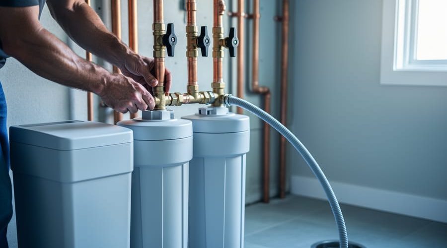 Homeowner’s hands connecting copper pipes and a bypass valve to a modern water softener and brine tank, with a drain hose positioned above a floor drain in a tidy basement utility area.