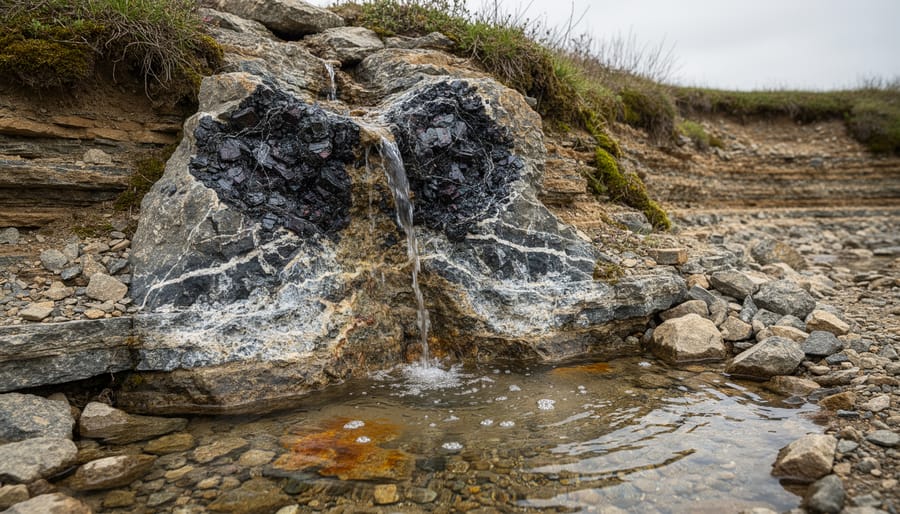 Exposed rock formations showing natural geological layers where radionuclides originate